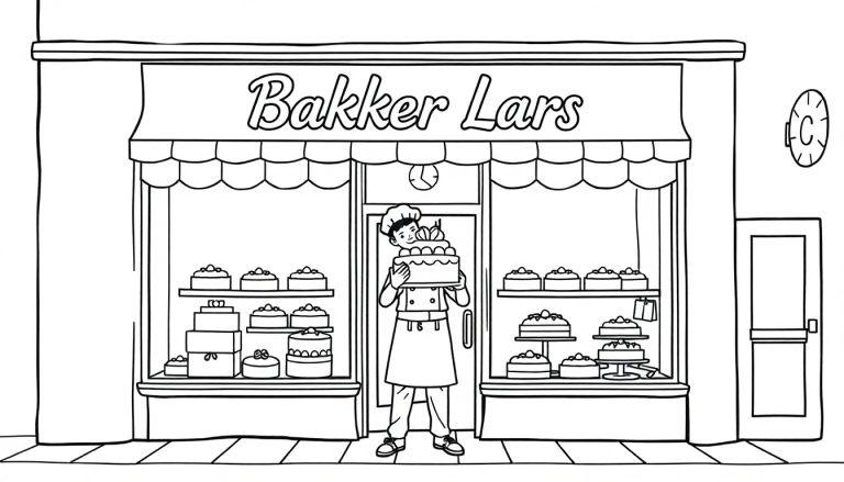 Kleurplaat van een bakkerij met de naam 'Bakker Lars'. Voor de winkel staat een trotse bakker met een grote taart in zijn handen, terwijl de etalages vol zitten met taartjes en gebakjes.
