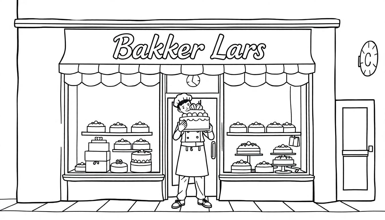 Kleurplaat van een bakkerij met de naam 'Bakker Lars'. Voor de winkel staat een trotse bakker met een grote taart in zijn handen, terwijl de etalages vol zitten met taartjes en gebakjes.