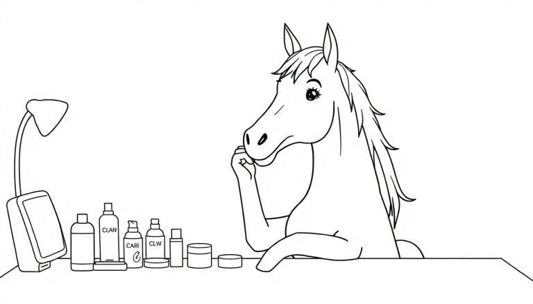 Kleurplaat van een paard dat make-up opdoet aan een kaptafel.