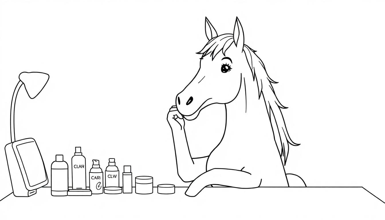 Kleurplaat van een paard dat make-up opdoet aan een kaptafel.