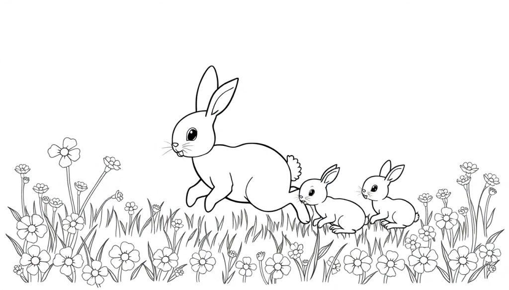 Kleurplaat van een konijn met twee babykonijntjes in een bloemrijk veld.