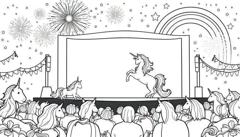 Kleurplaat van een feestelijke scène met een eenhoorn-podium, een eenhoorn-publiek, een regenboog, sterren en vuurwerk.
