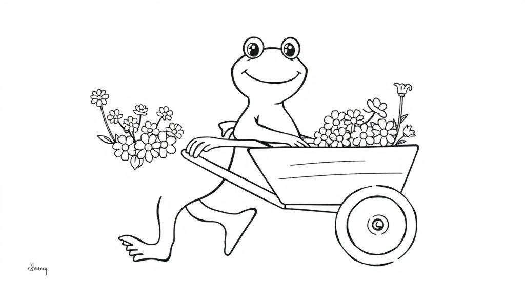 Kleurplaat van een lachende kikker met grote ogen die een kruiwagen met bloemen duwt.