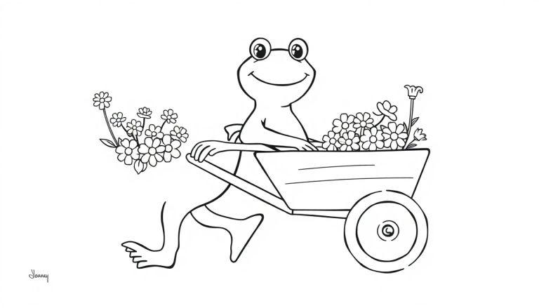 Kleurplaat van een lachende kikker met grote ogen die een kruiwagen met bloemen duwt.