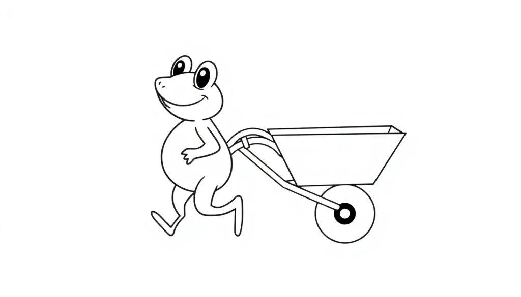 Kleurplaat van een lachende kikker die een kruiwagen duwt.
