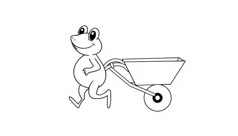 Kleurplaat van een lachende kikker die een kruiwagen duwt.