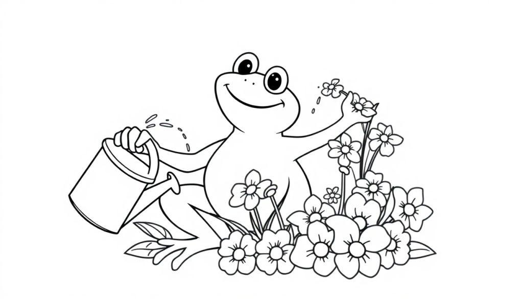 Kleurplaat van een lachende kikker die bloemen water geeft met een gieter.