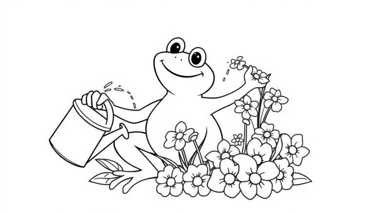 Kleurplaat van een lachende kikker die bloemen water geeft met een gieter.