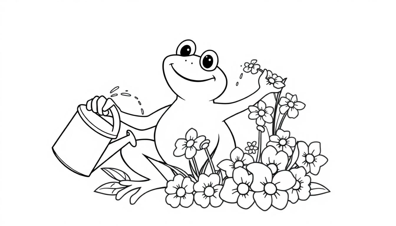 Kleurplaat van een lachende kikker die bloemen water geeft met een gieter.