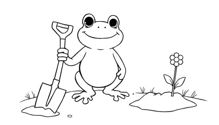 Kleurplaat van een vrolijke kikker met een schep naast een bloemetje.
