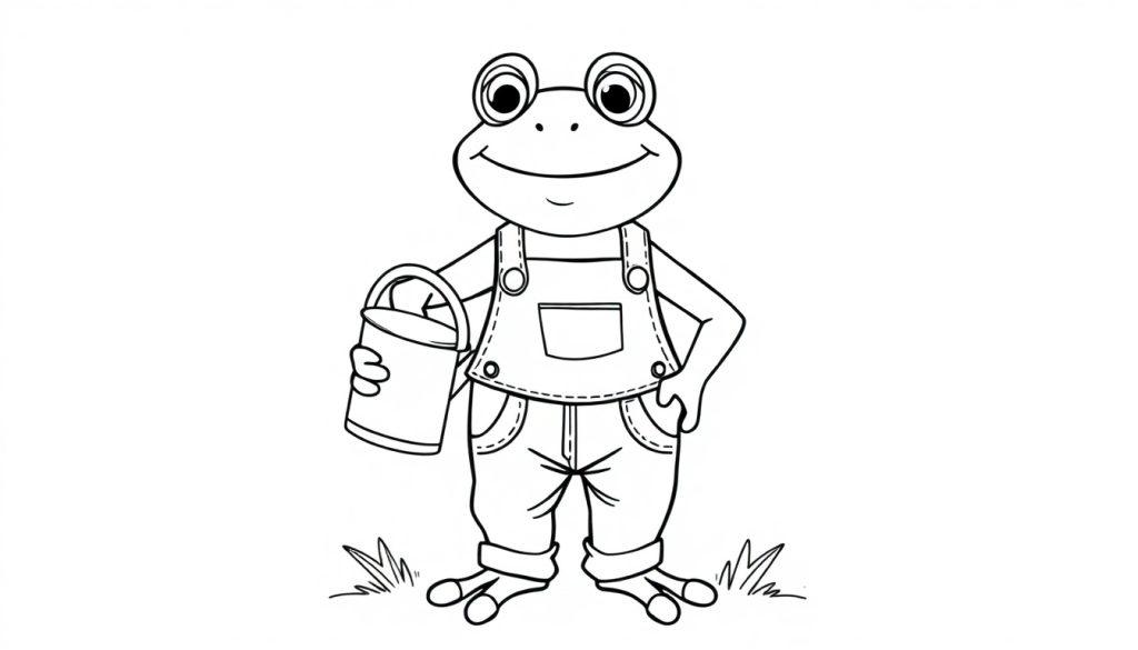 Vrolijke kikker met een tuinbroek die een emmer vasthoudt en omringd is door gras, getekend als zwart-witte kleurplaat.