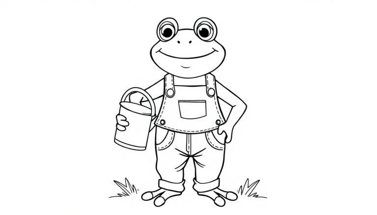 Vrolijke kikker met een tuinbroek die een emmer vasthoudt en omringd is door gras, getekend als zwart-witte kleurplaat.