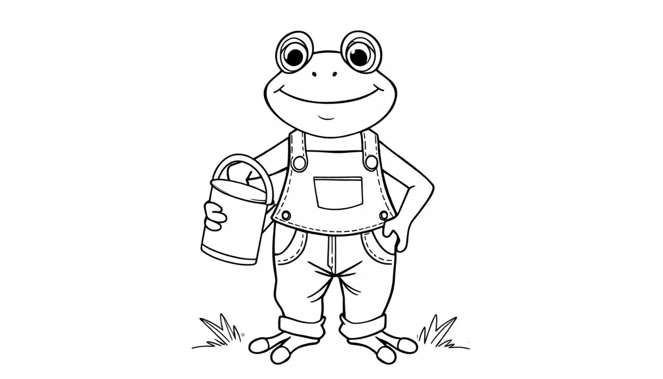 Vrolijke kikker met een tuinbroek die een emmer vasthoudt en omringd is door gras, getekend als zwart-witte kleurplaat.