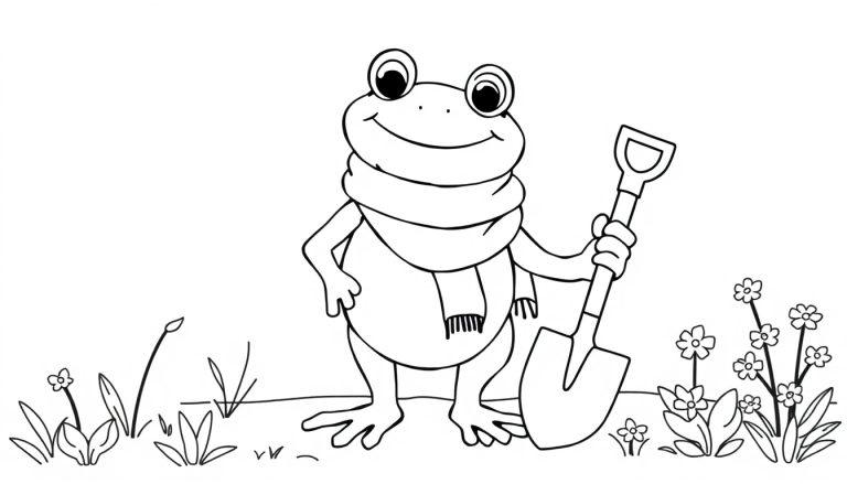 Kleurplaat van een blije kikker met een sjaal om, die een schep vasthoudt, omringd door gras, bloemen en planten.