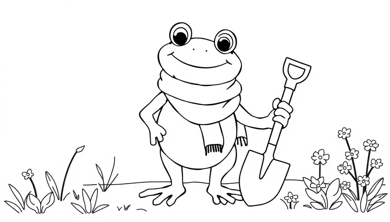 Kleurplaat van een blije kikker met een sjaal om, die een schep vasthoudt, omringd door gras, bloemen en planten.