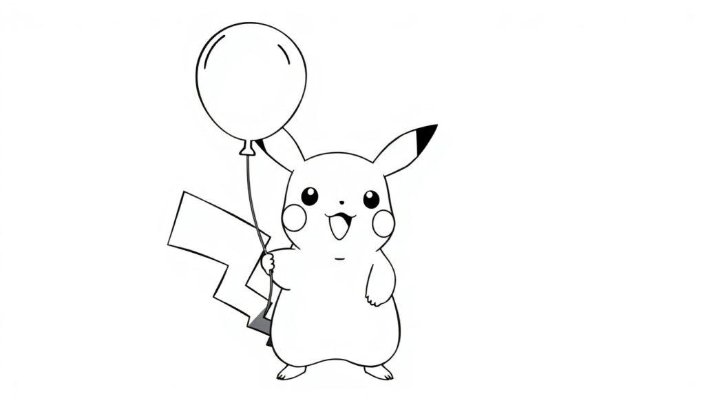 Zwart-witte kleurplaat van een vrolijke Pikachu met een ballon in de hand en een zigzagstaart.