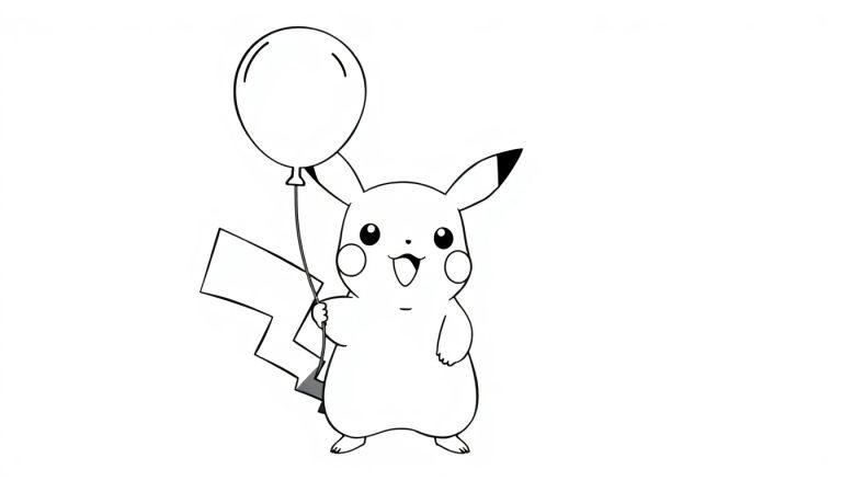 Zwart-witte kleurplaat van een vrolijke Pikachu met een ballon in de hand en een zigzagstaart.