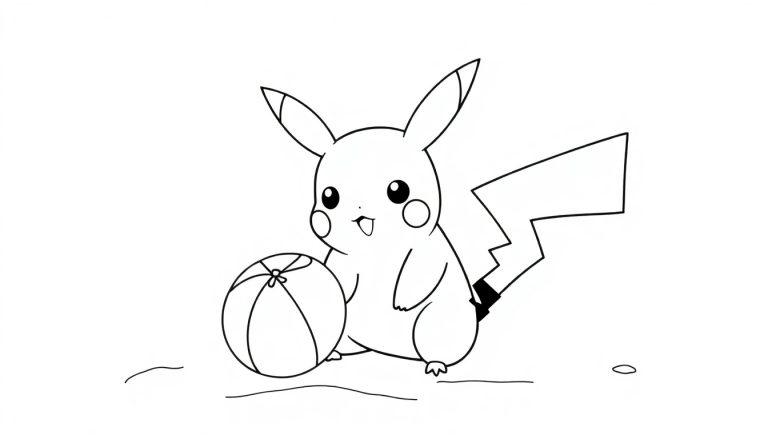 Kleurplaat van een schattige Pikachu met bliksemschicht-staart en grote ogen, die naast een strandbal zit.