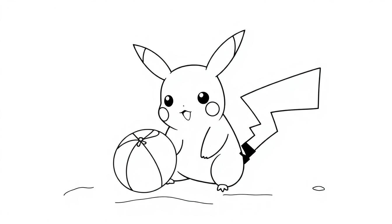Kleurplaat van een schattige Pikachu met bliksemschicht-staart en grote ogen, die naast een strandbal zit.