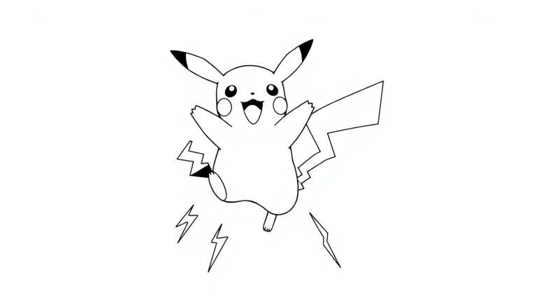 Kleurplaat van Pikachu die vrolijk springt en bliksemschichten schiet, perfect voor een 4-jarige.