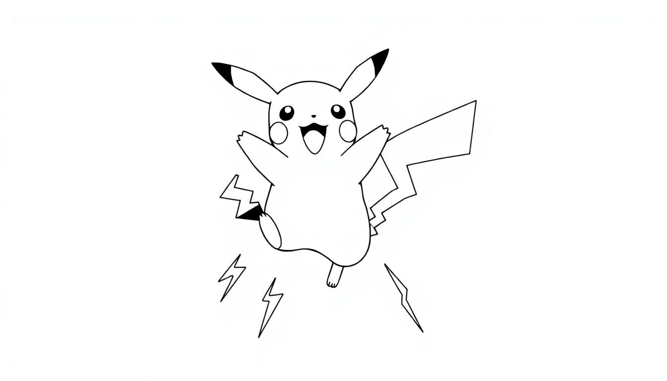 Kleurplaat van Pikachu die vrolijk springt en bliksemschichten schiet, perfect voor een 4-jarige.