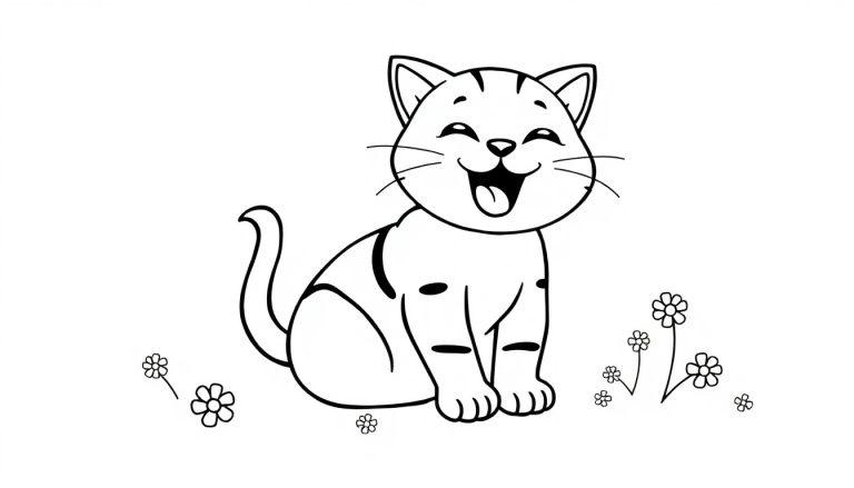 Kleurplaat van een vrolijke poes die miauwt, met bloemetjes eromheen.