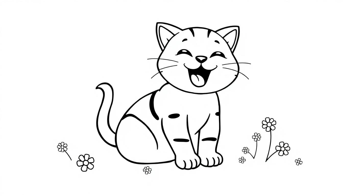 Kleurplaat van een vrolijke poes die miauwt, met bloemetjes eromheen.