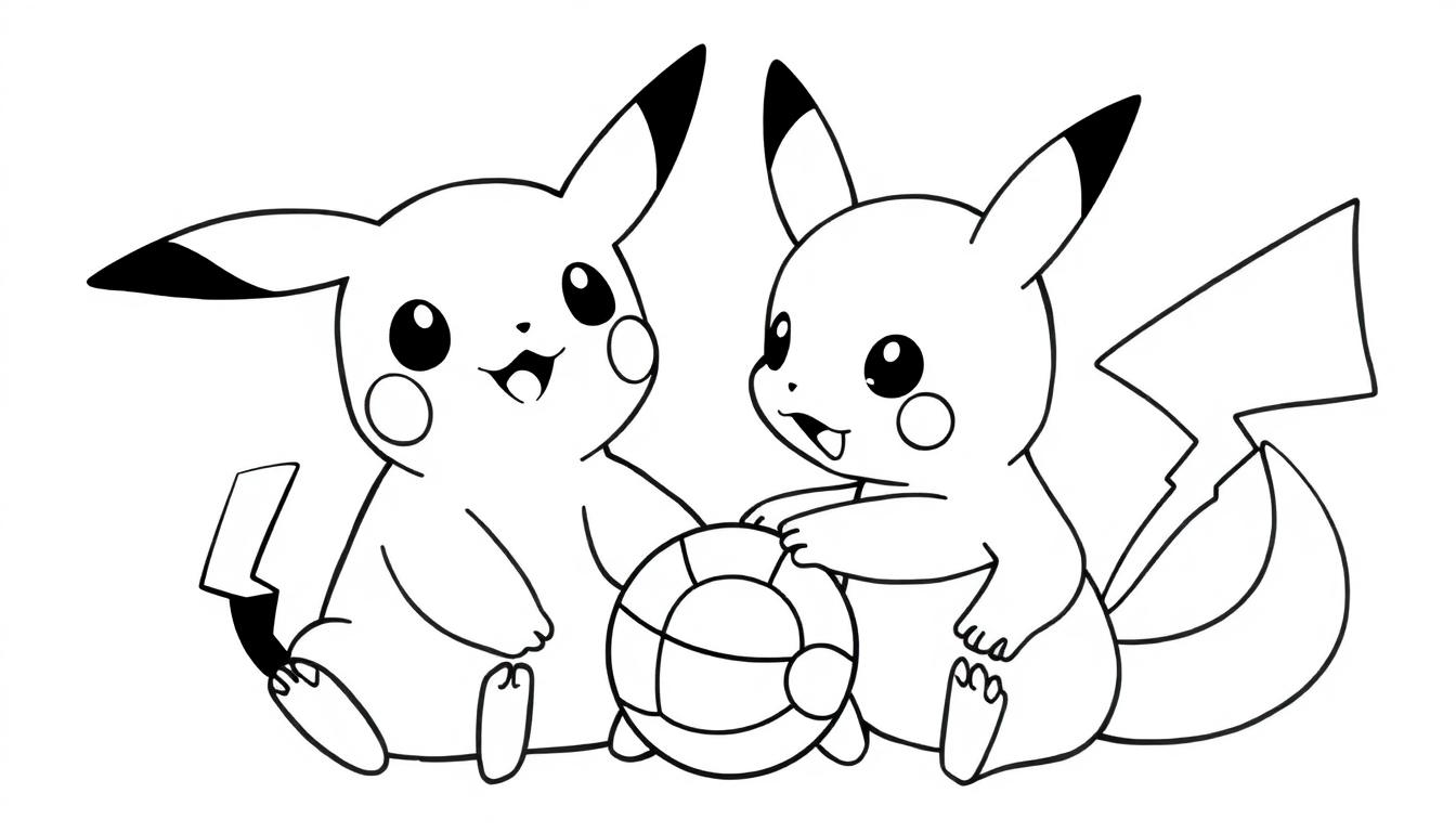 Kleurplaat van Pikachu en Charmander die samen een bal vasthouden.