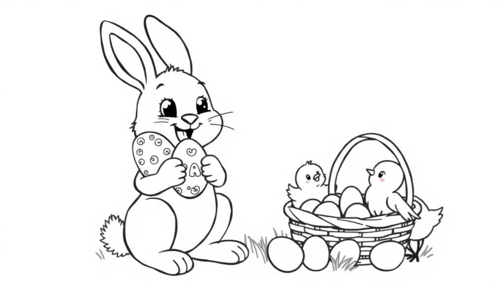 Kleurplaat van een lachend konijn met eieren, een mand vol eieren en schattige kuikentjes in een vrolijke Paassfeer.