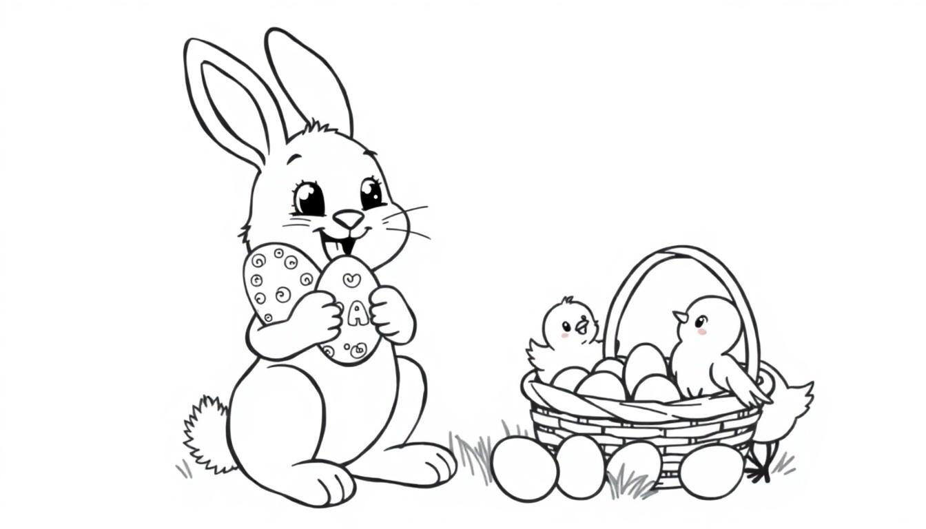 Kleurplaat van een lachend konijn met eieren, een mand vol eieren en schattige kuikentjes in een vrolijke Paassfeer.