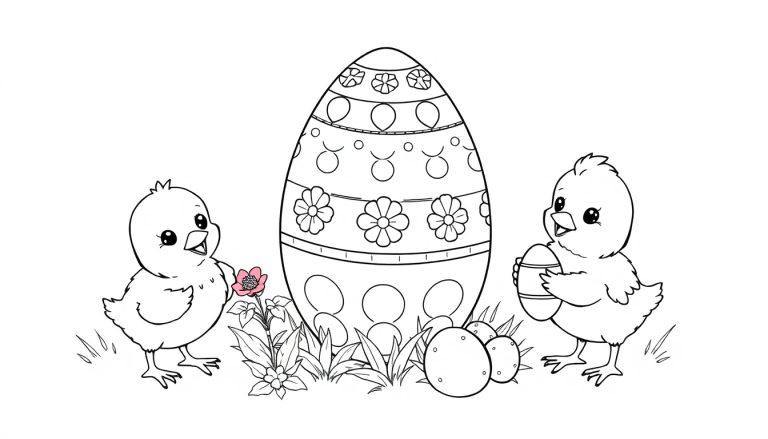 Een kleurplaat met twee kuikens bij een groot Paasei dat versierd is met bloemen en stippen.