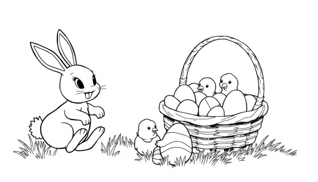 Kleurplaat van een glimlachend konijn naast een mand met eieren en kuikentjes in een grasrijke omgeving.