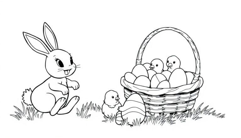 Kleurplaat van een glimlachend konijn naast een mand met eieren en kuikentjes in een grasrijke omgeving.