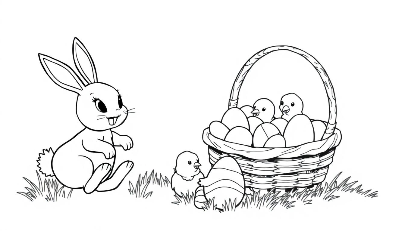 Kleurplaat van een glimlachend konijn naast een mand met eieren en kuikentjes in een grasrijke omgeving.