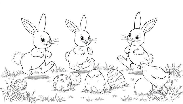Kleurplaat van drie vrolijke konijntjes die huppelen op een grasveld met paaseieren, bloemen en een klein kuikentje.
