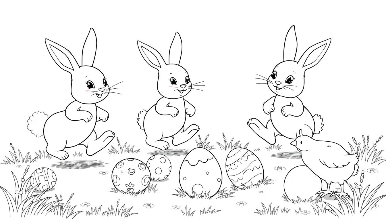 Kleurplaat van drie vrolijke konijntjes die huppelen op een grasveld met paaseieren, bloemen en een klein kuikentje.