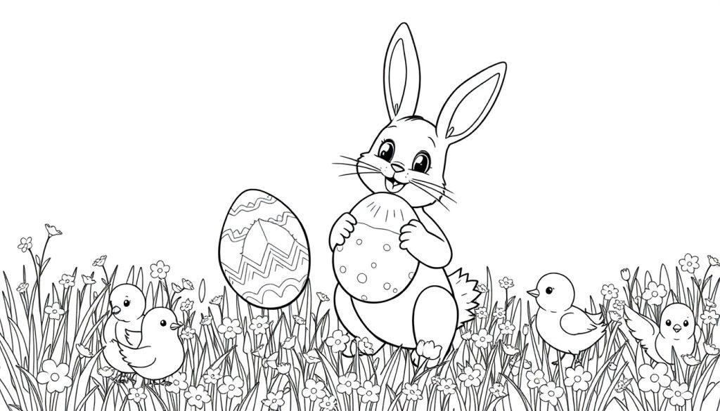 Kleurplaat van een vrolijke paashaas met een beschilderd paasei, omringd door bloemen, kuikentjes en versierde paaseieren.