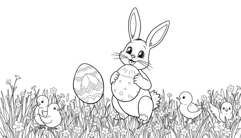 Kleurplaat van een vrolijke paashaas met een beschilderd paasei, omringd door bloemen, kuikentjes en versierde paaseieren.