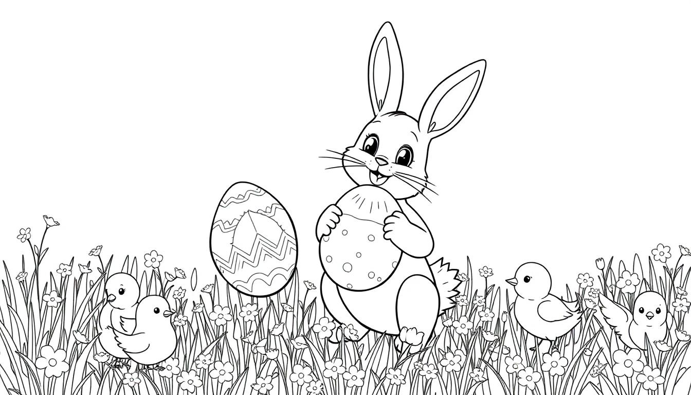 Kleurplaat van een vrolijke paashaas met een beschilderd paasei, omringd door bloemen, kuikentjes en versierde paaseieren.