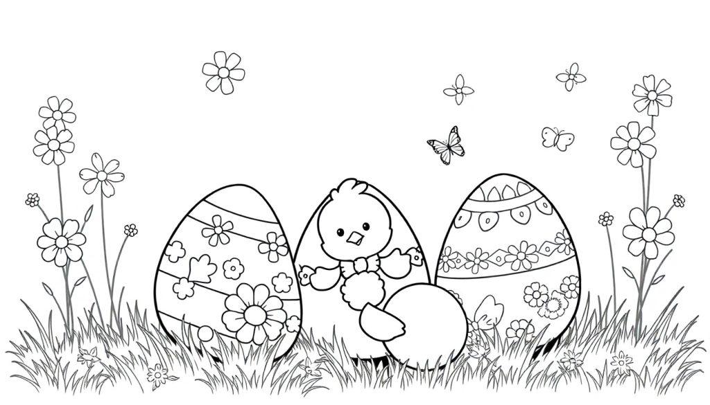 Een vrolijke kleurplaat met een kuikentje dat uit een ei komt, omringd door versierde eieren, bloemen en vlinders.
