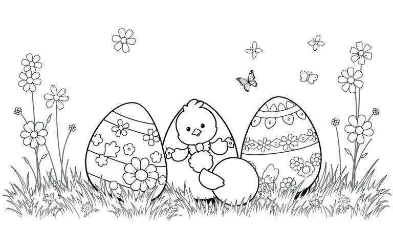 Een vrolijke kleurplaat met een kuikentje dat uit een ei komt, omringd door versierde eieren, bloemen en vlinders.