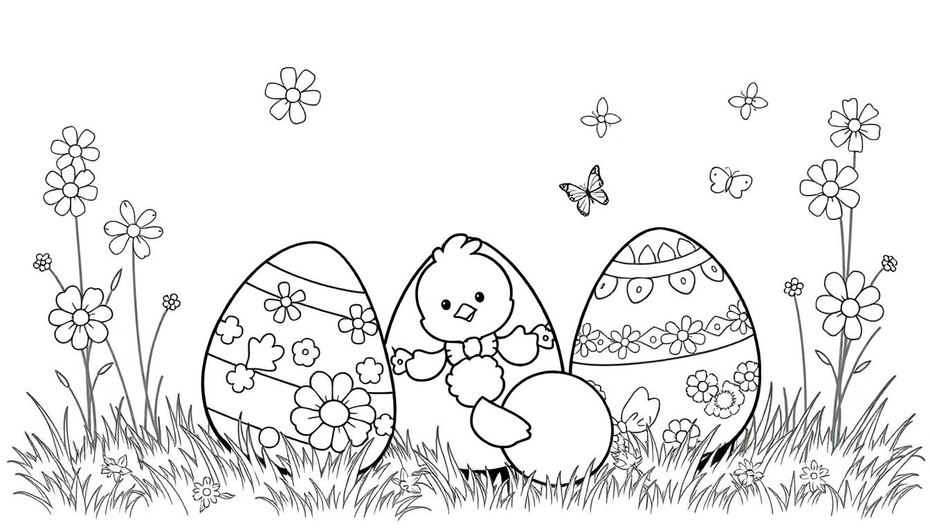 Een vrolijke kleurplaat met een kuikentje dat uit een ei komt, omringd door versierde eieren, bloemen en vlinders.