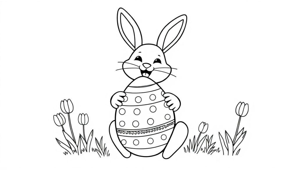 Kleurplaat van een vrolijk konijntje met een versierd paasei, zittend in het gras tussen tulpen.