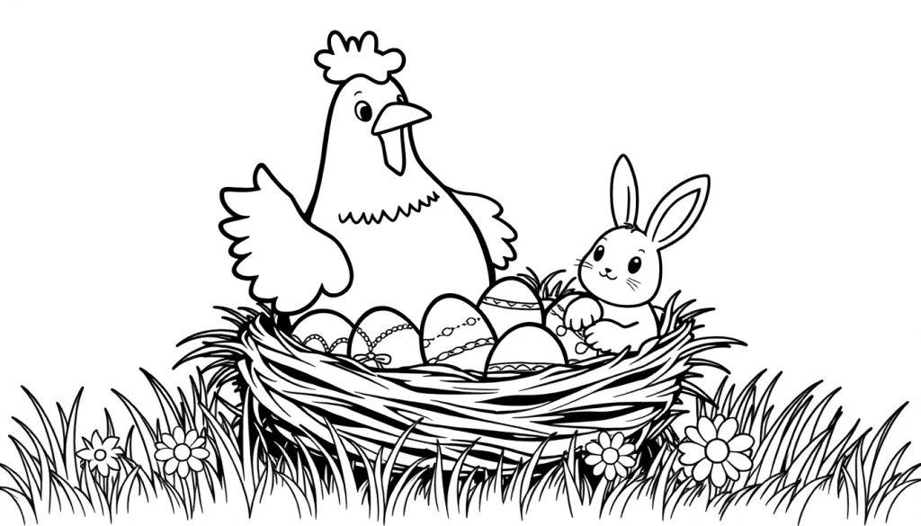 Kleurplaat van een kip en een konijn bij een nest met versierde paaseieren, omringd door gras en bloemen.