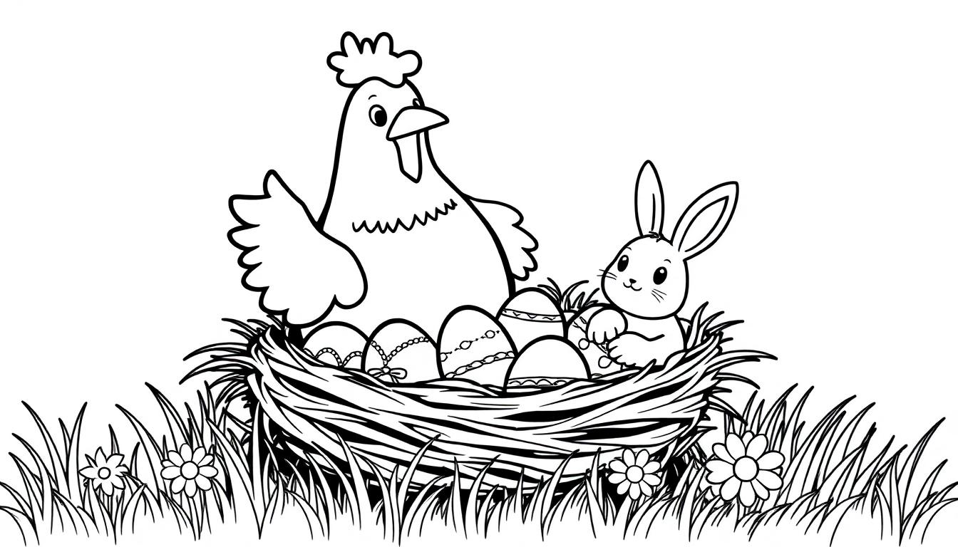 Kleurplaat van een kip en een konijn bij een nest met versierde paaseieren, omringd door gras en bloemen.