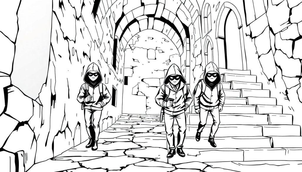 Middeleeuwse zwart-wit kleurplaat met een steeg, drie mysterieuze mensen met capuchons en rugzakken in een oude ruïne.