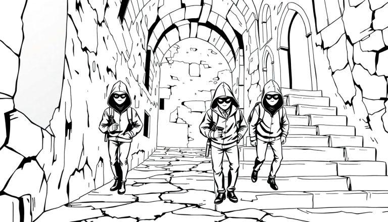 Middeleeuwse zwart-wit kleurplaat met een steeg, drie mysterieuze mensen met capuchons en rugzakken in een oude ruïne.