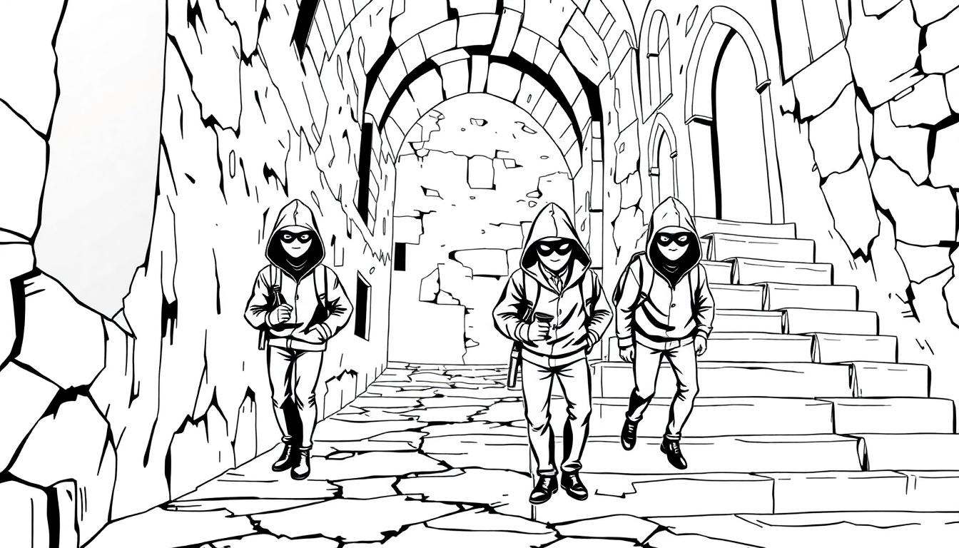 Middeleeuwse zwart-wit kleurplaat met een steeg, drie mysterieuze mensen met capuchons en rugzakken in een oude ruïne.