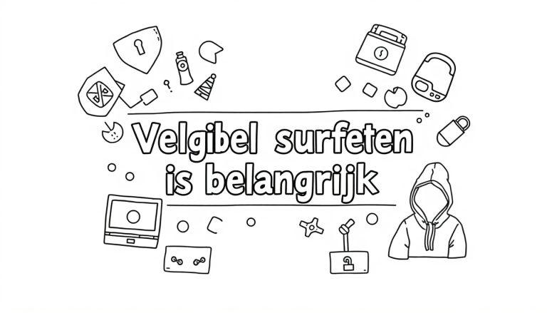 Kleurplaat in zwart-wit met de tekst 'Velgibel surfeten is belangrijk' omgeven door digitale en veiligheidsgerelateerde symbolen zoals een slot, schild, laptop en meer.