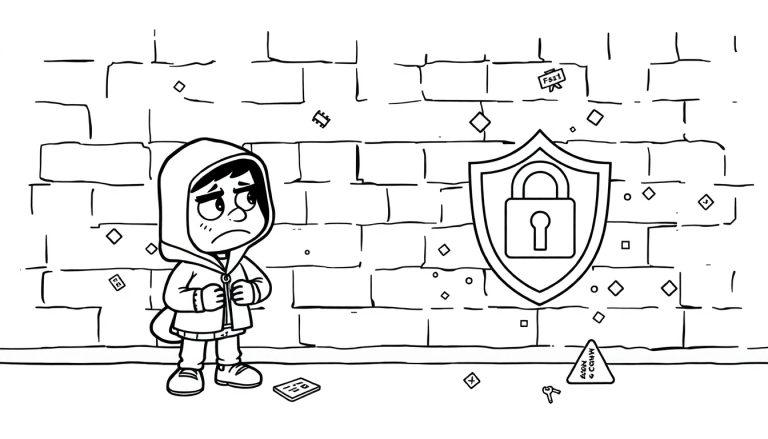 Kleurplaat met een droevig kind in een hoodie naast een schild met een slot. Overal liggen puzzelstukken en voorwerpen.